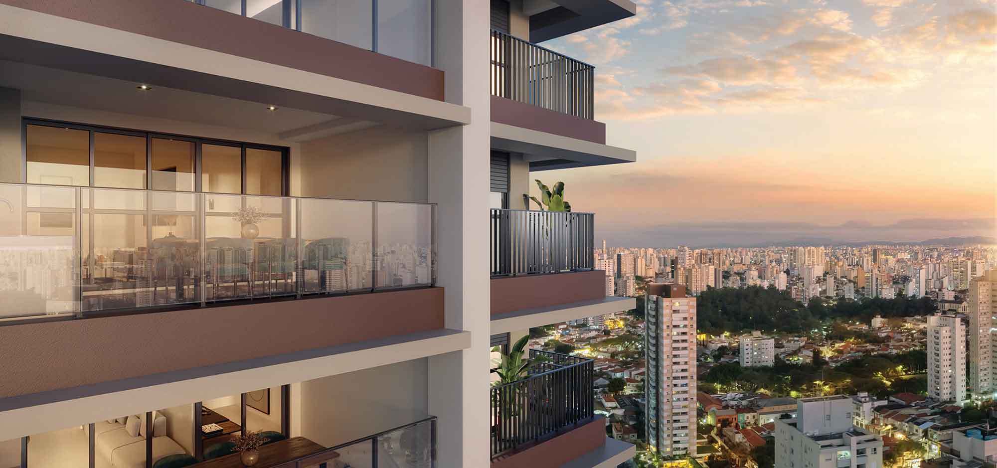 Detalhe da fachada com varandas e vista panorâmica da cidade no horizonte