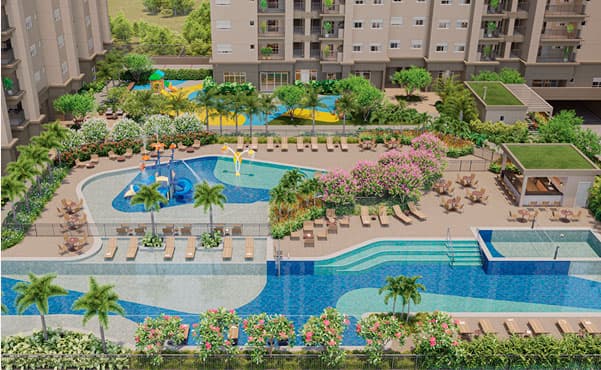 Vista aérea da área de lazer com piscina, espreguiçadeiras, playground e paisagismo.