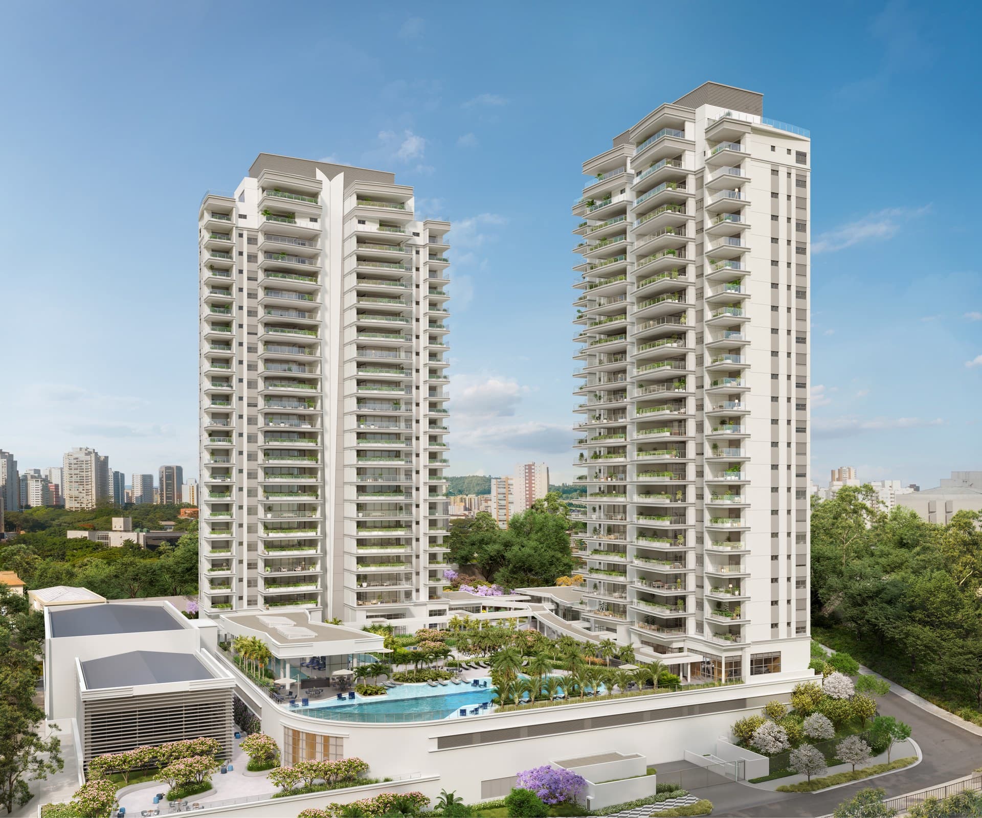 Fachada externa das duas torres residenciais com varandas arborizadas e área de lazer