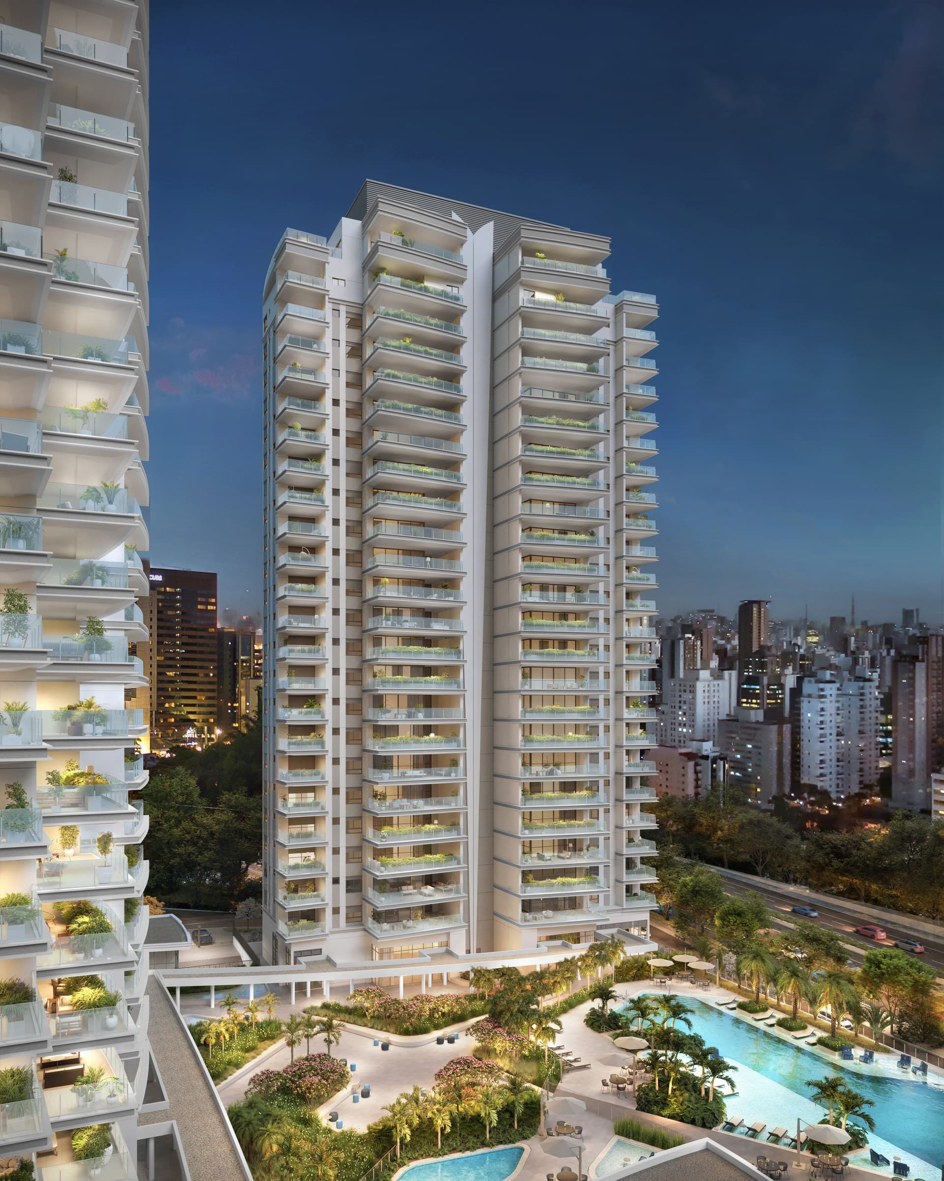 Fachada noturna do edifício residencial com varandas e iluminação nos pavimentos