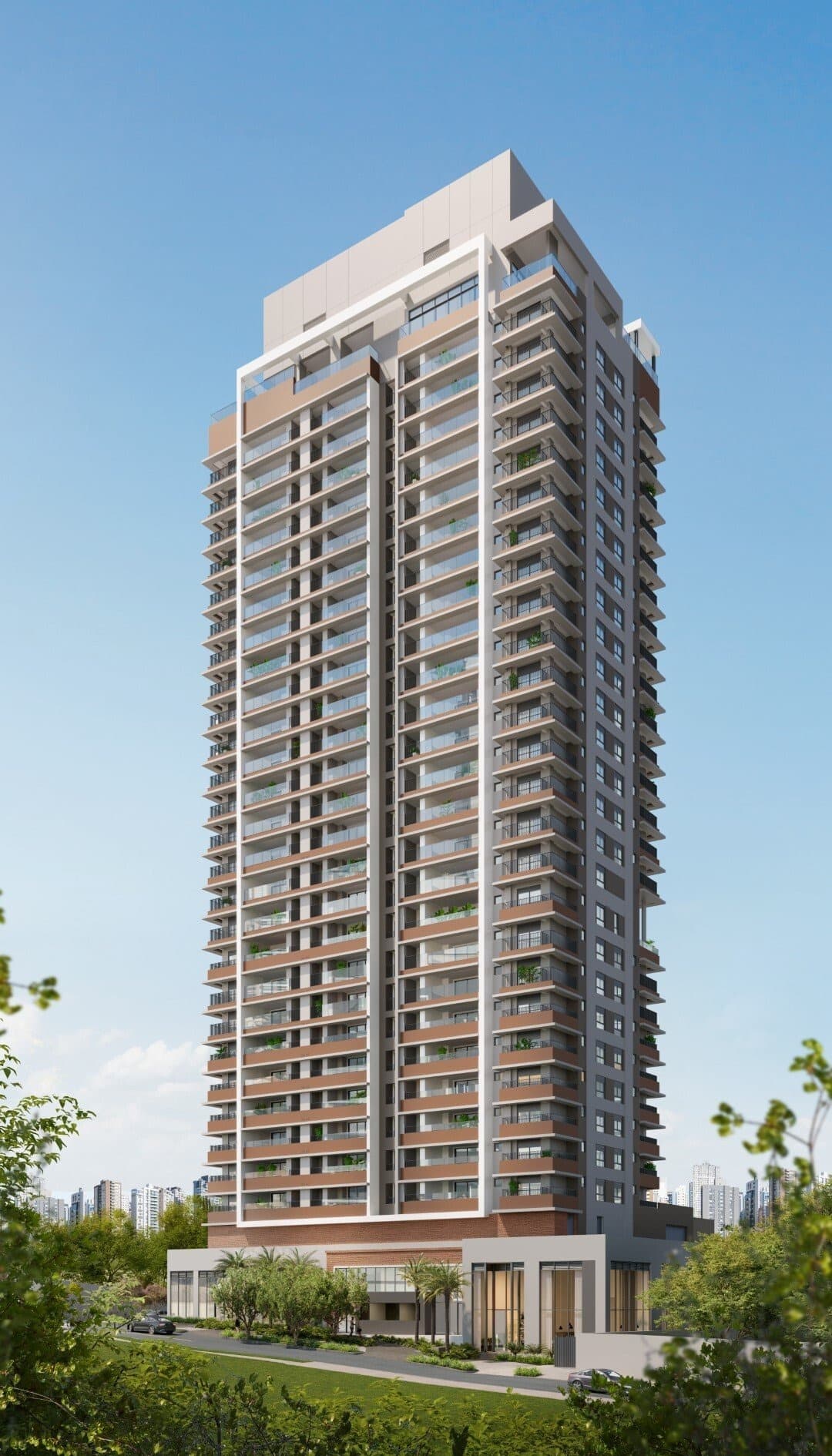 Fachada frontal do edifício residencial com torre alta, varandas alinhadas e térreo ajardinado.