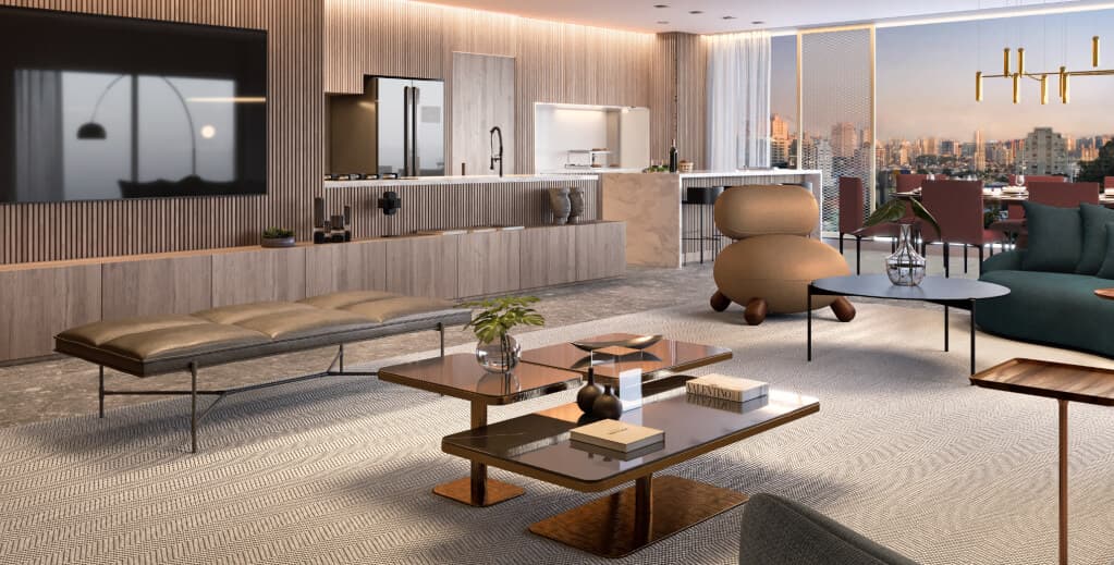 Sala de estar ampla integrada com cozinha americana e vista para a cidade ao fundo.
